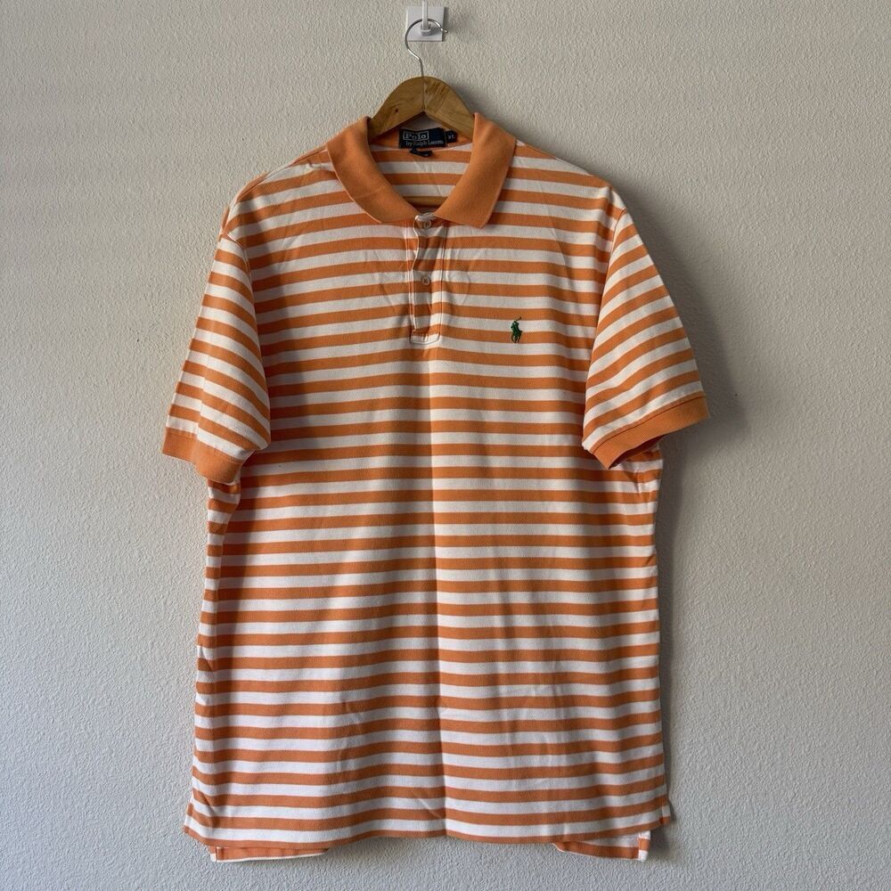 Polo Ralph Lauren Shirt XL Orange White Striped Pony Cotton Classic Fit Golf